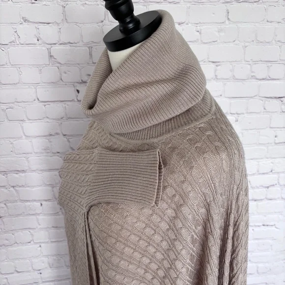 BOSTON PROPER Tan Cable Knit Turtleneck Poncho Sweater--EUC--XS/S - Picture 5 of 14
